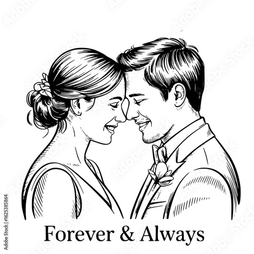 Eternal Bond: An artist's rendering of a newlywed couple epitomizes love and togetherness, their eyes meet in a look of tenderness, the timeless embrace whispers of devotion.