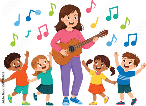 A cheerful cartoon illustration of a music class with a teacher playing guitar and diverse children singing and dancing joyfully.