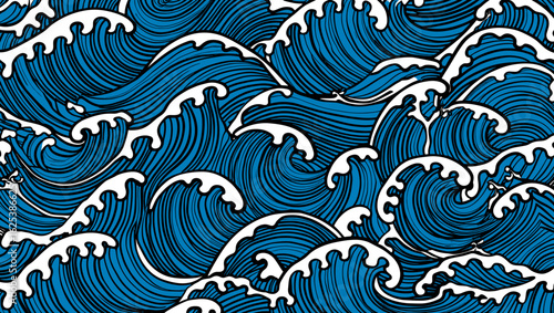 Blue ocean wave pattern seamless hand-drawn style