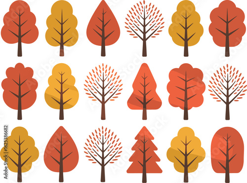 Collection of stylized autumn trees with colorful leaves. A contemporary art print featuring various seasonal fall forest designs.