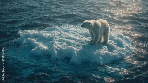 polar bear on shrinking ice floe, vast ocean around, global warming awareness 