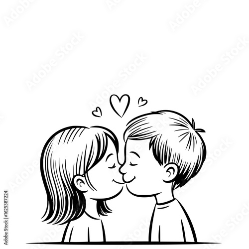 Love's First Bloom: A heartwarming illustration of a young boy and girl sharing their first kiss, with simple line art depicting love and innocence.