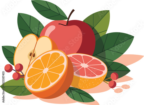A stylized digital illustration of a fresh fruit composition with apple, orange, grapefruit, and berries.