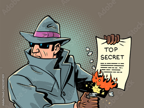 Male spy burns evidence. Security and privacy in the modern world. Criminal hides traces of crime.