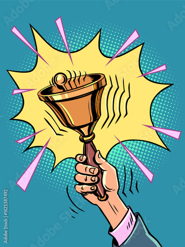 Hand rings the bell. New notifications and news. Announcement of upcoming discounts and promotions.