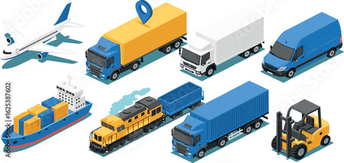 Transportation vehicles, cargo ship, aircraft, goods truck, freight train. Global logistic, cargo transport, import, export concept. Flat isometric