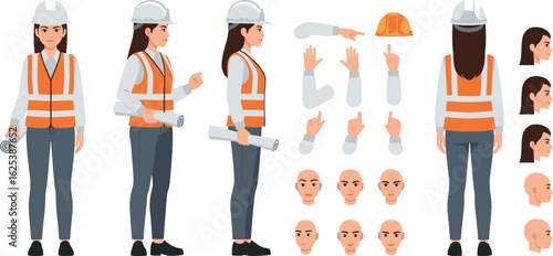 Woman construction engineer in helmet, vest, uniform. Character constructor for animation. Front, side and back view set. Body parts, postures, poses collection.