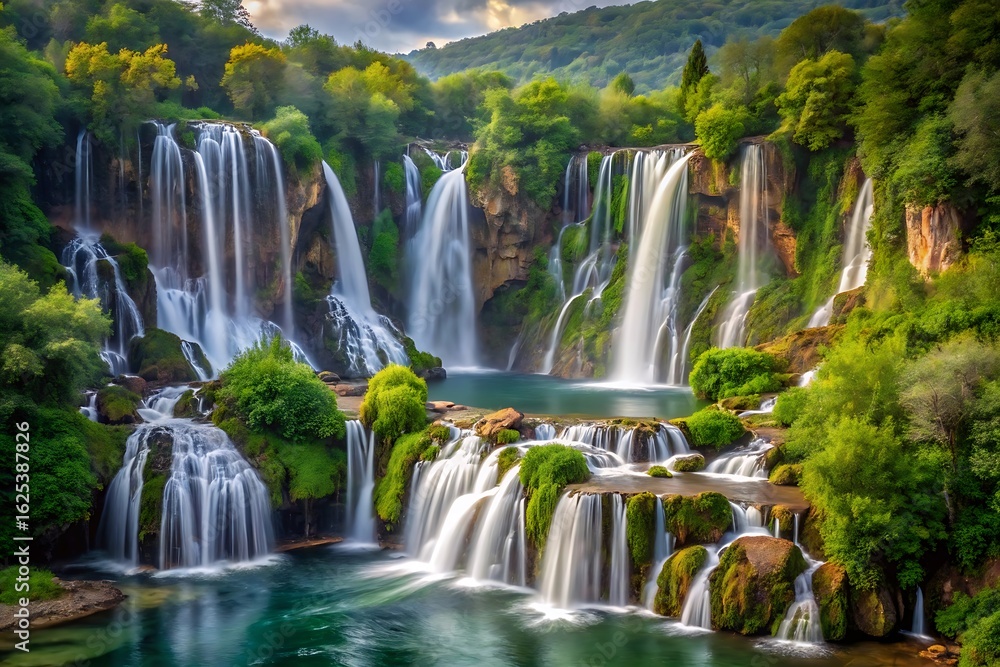 Obraz premium Majestic Cascade Within Historic Southeast European Landscape