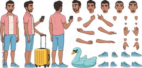 Young man wearing summer clothes holding travel baggage. Character constructor for animation. Front, side and back view set. Body parts, postures, poses collection