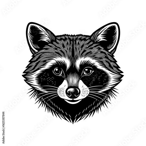 Detailed black and white illustration of a raccoon's head, featuring intricate line work and shading.