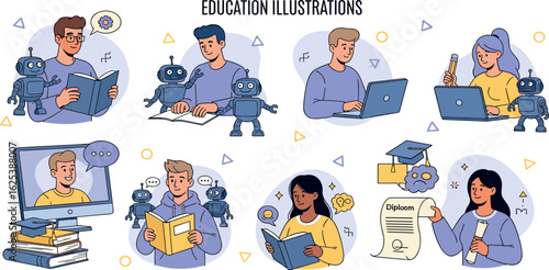 AI technology in education set. Student and teacher characters using artificial intelligence generative tools for learning, teaching, school lesson planning, exam preparation
