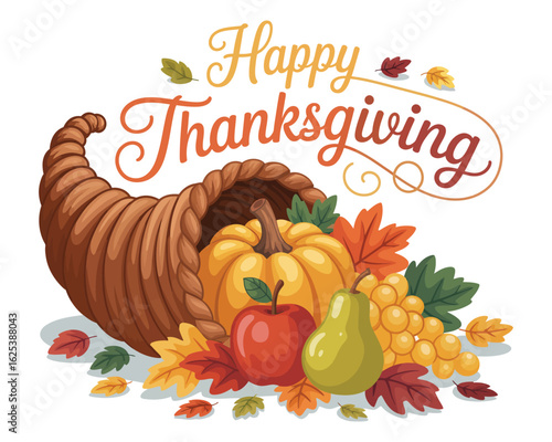 A warm and inviting Thanksgiving greeting with a horn of plenty cornucopia overflowing with autumn harvest fruits and colorful fall leaves.