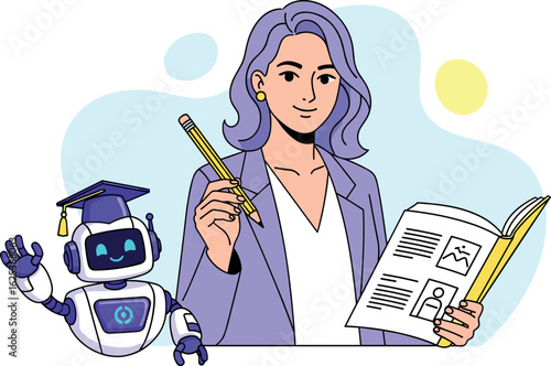 AI technology in education. Robot assist teacher by lesson. Character use artificial intelligence generative tools for learning, teaching, exam preparation, educational program
