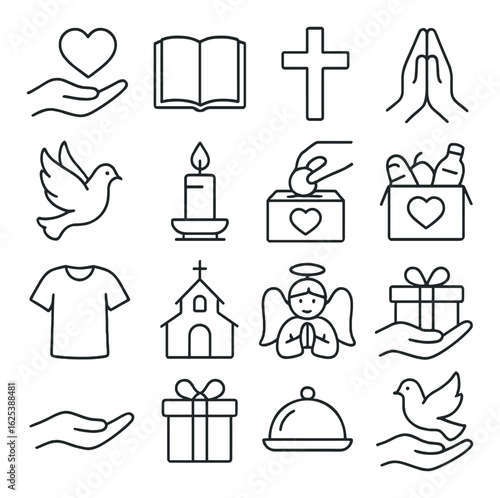 Charity icons: symbols of love, faith, and giving in outline style