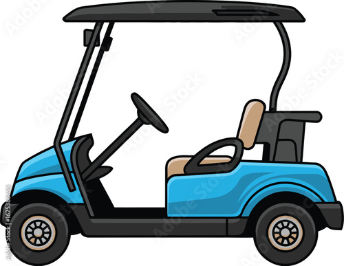 A cartoon illustration of a light blue golf cart on a white background