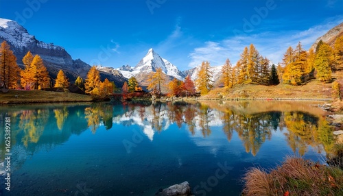 lac bleu of arolla lake in canton valais in colorful autumn season with reflection of dent de veisivi and dent di perroc peaks