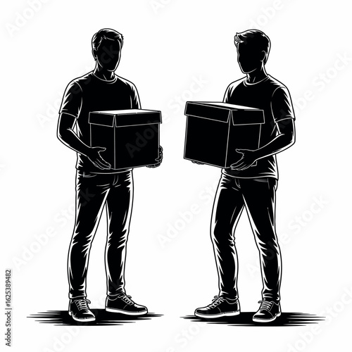 Detailed Illustration of Men Carrying Boxes with Line Art Style for Delivery or Moving Services