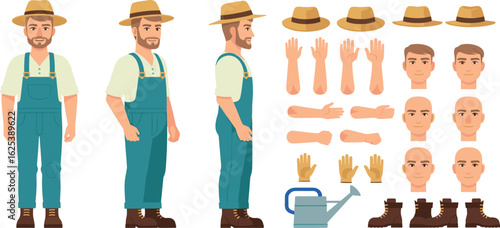 Farmer or gardener worker wearing overall uniform holding work tool. Character for animation. Front, side and back view set. Body parts, postures, poses collection