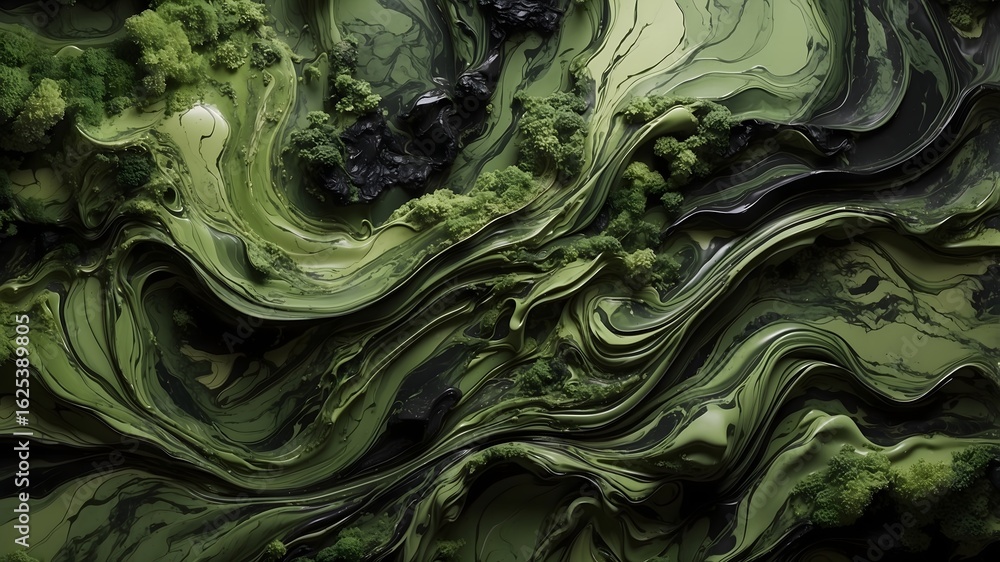 Obraz premium Organic abstract swirl texture in moss green and black tones with natural stone and fluid algae-like patterns, high-resolution nature-inspired decorative background