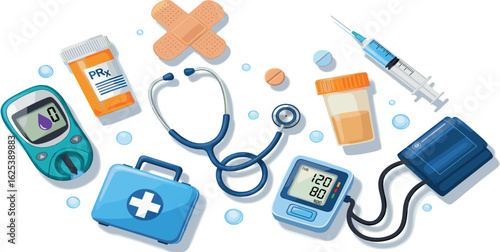 First aid kit, blood pressure monitor, glucometer and other medical equipment to use at home. Healthcare and medicine set.