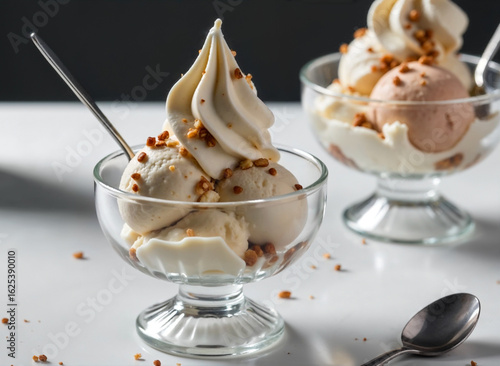 vanilla ice cream with chocolate, nuts in glass bowls
