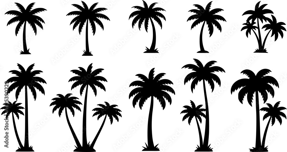 Obraz premium Icon set featuring various palm tree silhouettes for design and decoration purposes 