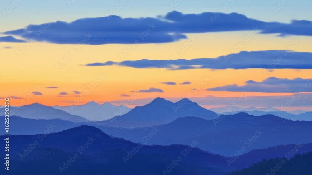 Serene Sunset Over Majestic Mountains - A breathtaking panoramic view of a mountain range at sunset. The sky is painted with vibrant oranges and pinks, contrasting beautifully with the deep blues Serene Sunset Over Majestic Mountains - A breathtaking panoramic view of a mountain range at sunset. The sky is painted with vibrant oranges and pinks, contrasting beautifully with the deep blues