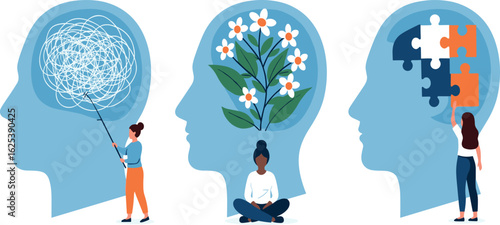 Mental health illustration set. Character with mental disorder fight against stress, depression, emotional burnout and other psychological problems. Psychotherapy concept.