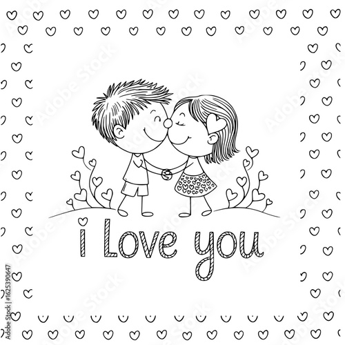 Sweetheart's Whisper: A charming sketch portrays two figures sharing an intimate kiss, framed by delicate hearts and the loving words I love you.