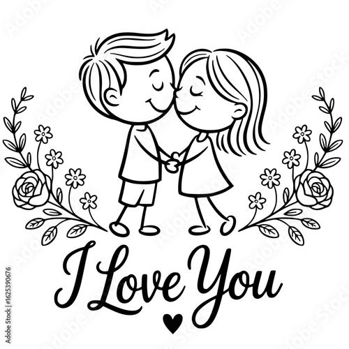 Romantic Embrace: A heartwarming illustration captures the tender moment between two cartoon figures, sealed with a kiss, expressing love and affection.