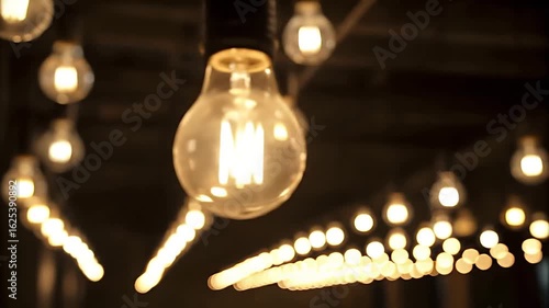 A dark room filled with numerous hanging light bulbs. A single light bulb in the foreground is lit, creating a bright spot in the otherwise dim space. The video is slow and has a calming background.