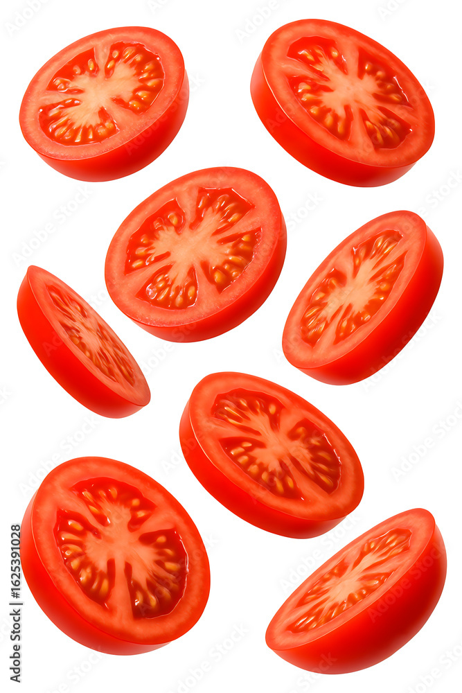 Sliced Tomatoes Floating on White Background Sliced Tomatoes Floating on White Background