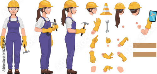 Technician worker wearing overall uniform, protective goggle holding hammer tool. Character for animation. Front, side and back view set. Body parts, postures, poses collection