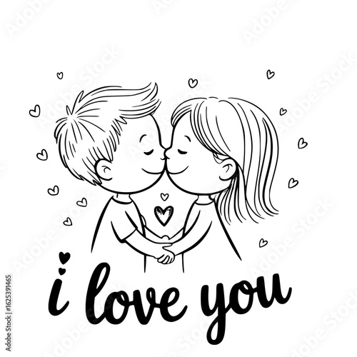 Love's First Kiss: A tender illustration depicts two figures sharing a sweet, heartfelt kiss, encircled by tiny hearts, with the words I love you etched beneath, symbolizing love, warmth.