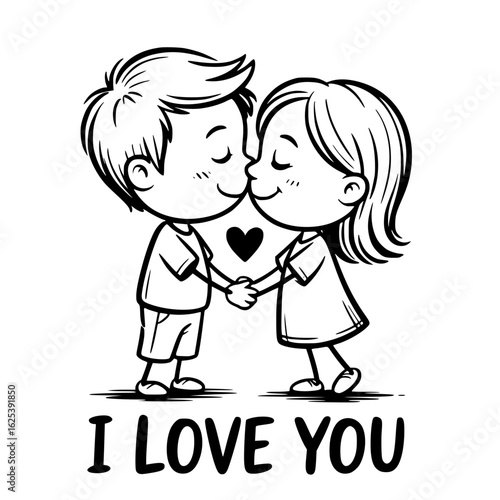 Sweet Embrace: A tender illustration of a young couple, eyes closed, sharing a gentle kiss, their hands clasped together with a heart floating above to symbolize a pure affection and love.