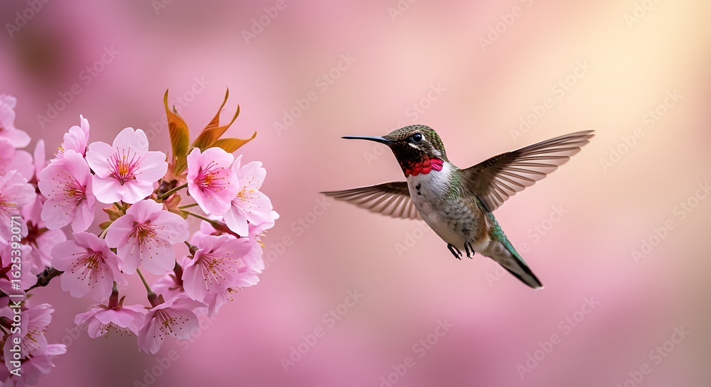 Naklejka premium A hummingbird flying near pink cherry blossoms with a soft pink and light yellow background scene view image ai generative
