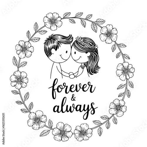 Forever & Always: A tender illustration of a couple, hand-in-hand, within a delicate floral wreath, embodying the eternal promise of love.
