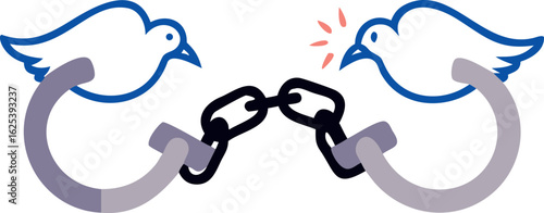 Two Blue Doves Transforming from Handcuffs on White Background Symbolic Illustration transformation