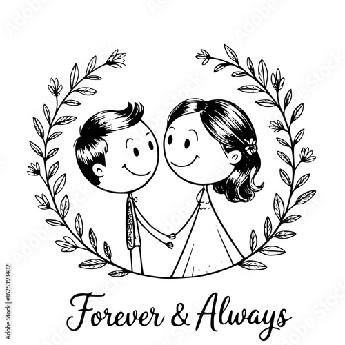 Forever & Always: A charming, hand-drawn illustration captures a moment of everlasting love. A couple stands hand-in-hand, embraced by a wreath, with Forever & Always elegantly scripted below.
