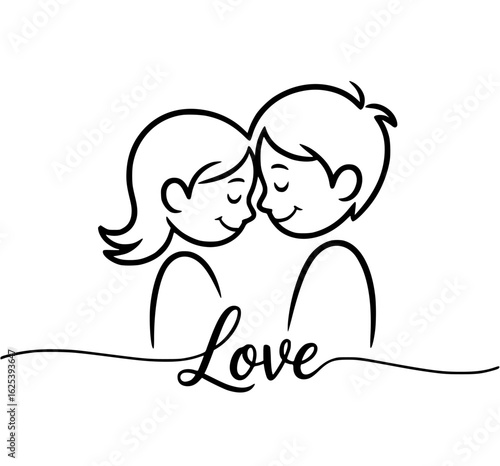 Love and Unity: An emotive depiction of an adorable couple with closed eyes sharing an affectionate moment, with the word Love written below in a flowing, artistic script.