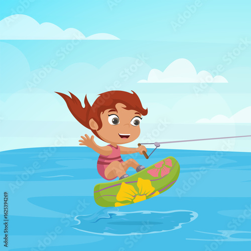 Cheerful girl wakeboarding on tropical water