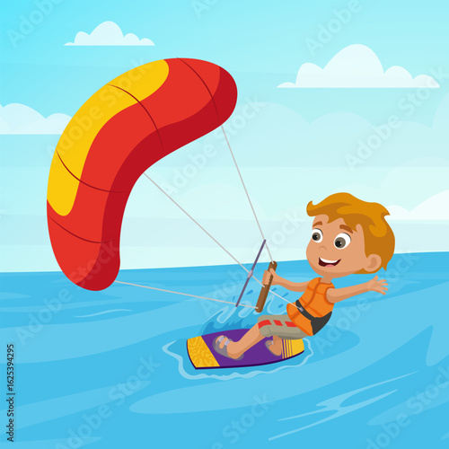 Happy cartoon boy kitesurfing in the ocean