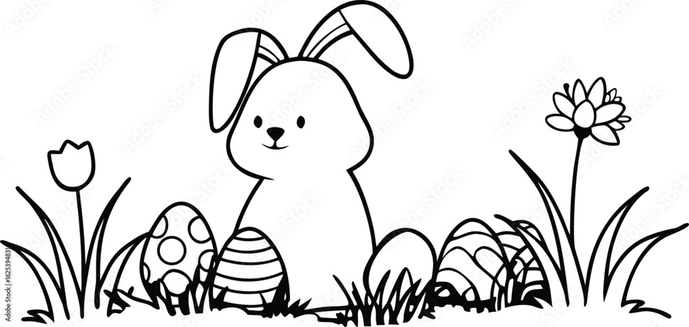 Fototapeta premium Cute easter bunny with decorated eggs and flowers in a field