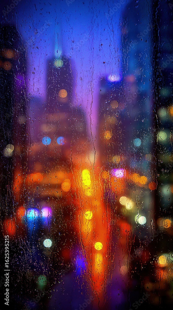 Naklejka premium Colorful Rain Streaked City Night View Through Window