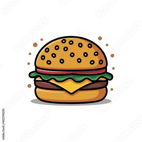 Delicious Cartoon Style Burger with Cheese Lettuce and Sesame Seed Bun on White Background Illustration