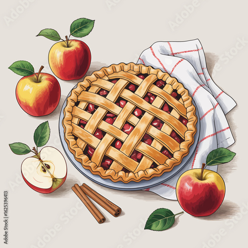 Delicious Apple Pie with Lattice Crust and Fresh Apples Autumn Harvest Dessert for Thanksgiving or Holiday Baking
