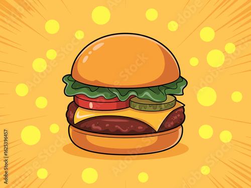 Delicious cartoon style burger illustration with fresh ingredients and vibrant colors perfect for food blogs or restaurant promotions