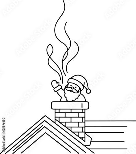 A minimalist line art illustration of Santa Claus waving happily from a brick chimney on a house roof.