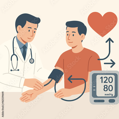 Doctor checking blood pressure of patient in flat design with medical icons