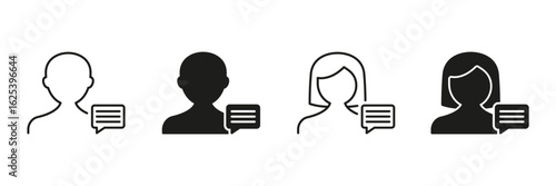 Male And Female User Chat Icon Set. Communication And Messaging Outline And Silhouette Symbol Collection. Social Interaction And Online Conversation. Isolated Vector Illustration